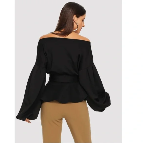 Bishop Sleeve Belt Ties Wrap Peplum Top Black V-Neck - Picture 2 of 13